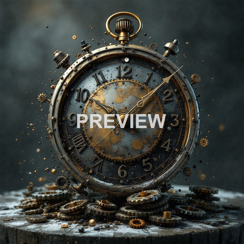 The image depicts a steampunk-style pocket watch with a weathered and cracked surface, surrounded by scattered gears and coins, with some parts flying outward as if the watch is breaking apart.